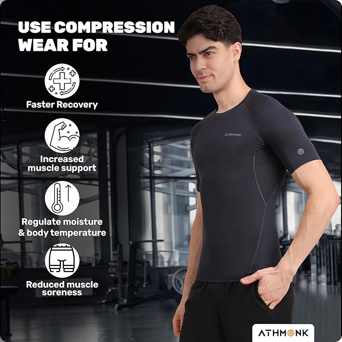 Athmonk Compression T-Shirt Vest Body Shaper Half Sleeve for Men Boys Branded - Nylon Lycra Fabric - Workout Gym Cricket Football Sports Training - Keep Dry Tight Skin Fit - Round Neck